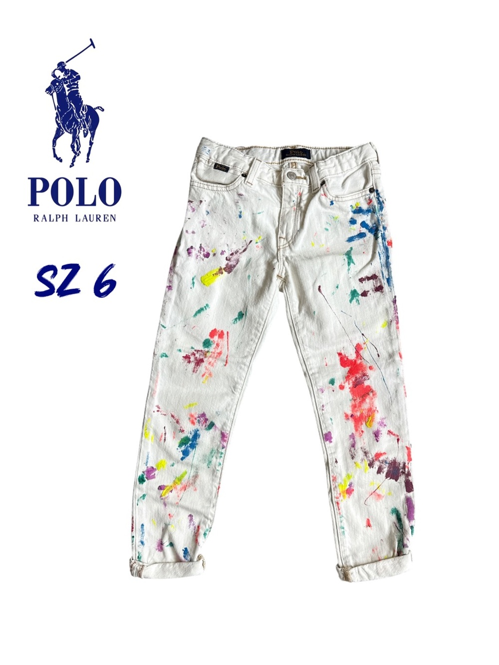 Ralph Lauren Girls Paint Splatter White Slim Boyfriend Jeans Size 6 / 120